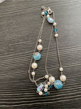 Blue Floral Bead and faux Pearl long silver Necklace